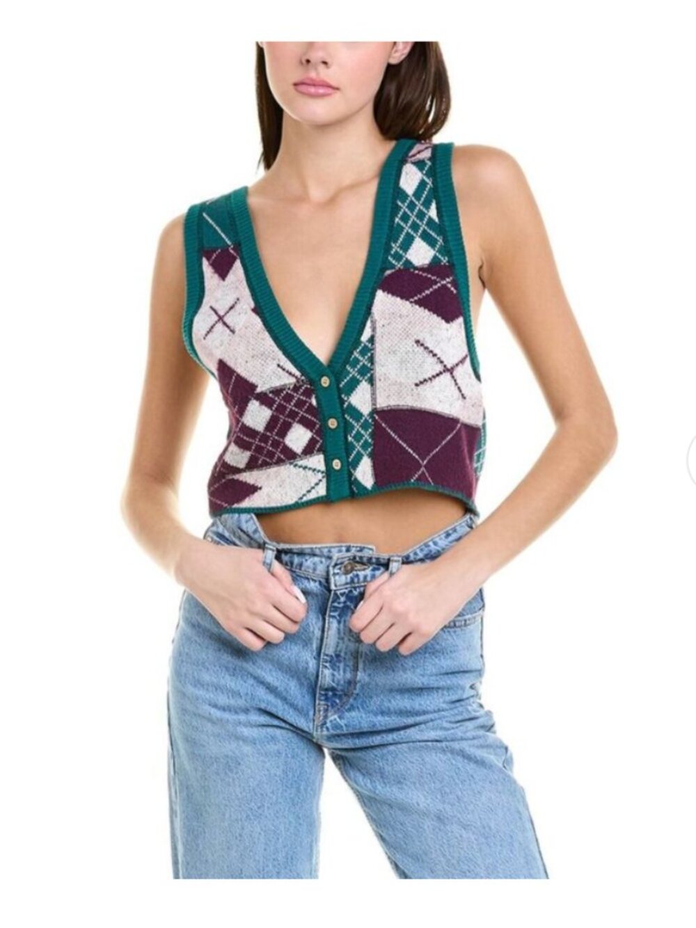 Free People Camilla Sweater Vest Button Front Argyle Size Small Preppy Academia
